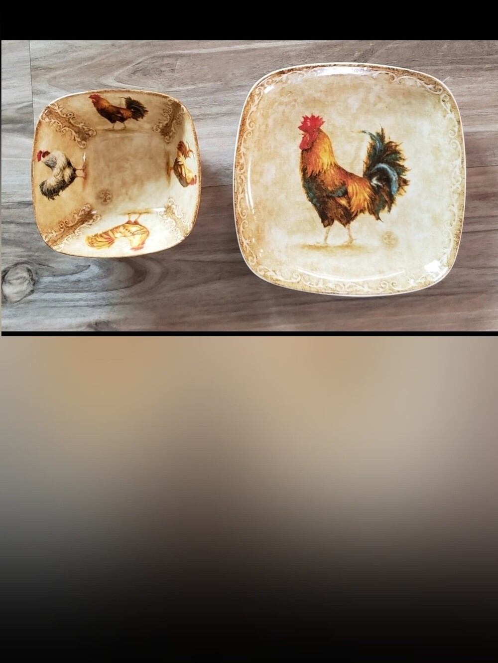 222 Fifth Rustic Rooster Fine China Plate/Bowl Set New Condition Country Chicken